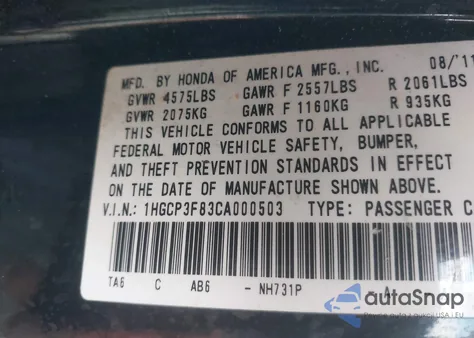 2012 Honda Accord 3.5 Ex-L from USA, damaged, VIN 1HGCP3F83CA000503